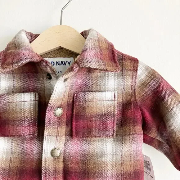NWT Old Navy Baby 3-6 Mos Flannel Jacket Plaid Sherpa Lined Pockets Dark Red - Picture 2 of 7